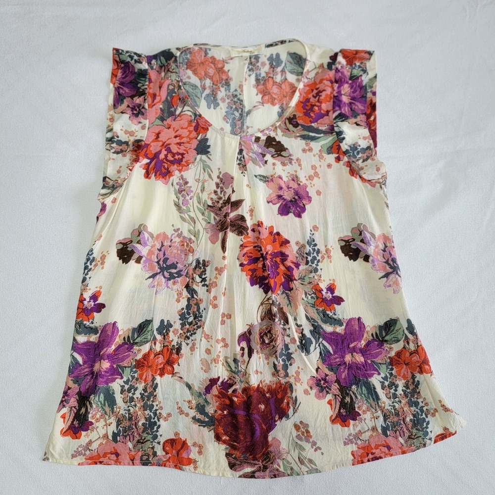 Andree by Unit Floral Cap Sleeve Blouse Women's L Ivory Red Boho Chic Retro Top - Picture 4 of 10